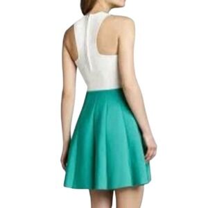 $308 PARKER‎ Lulu Atlantis Midi Dress Fit Flare Pleated Green Cream Sz LARGE EUC